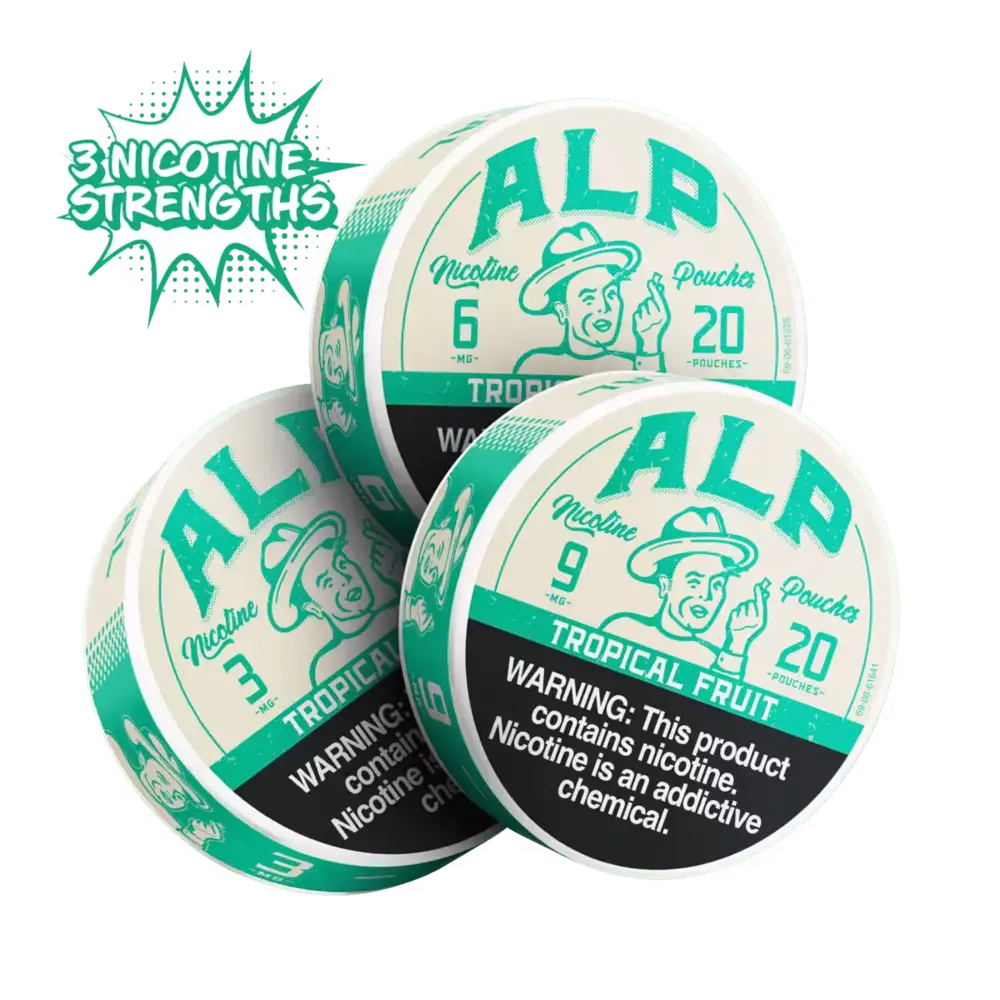 the best nicotine pouches in tropical fruit flavor, available in 3, 6, and 9 mg strengths with warning label.