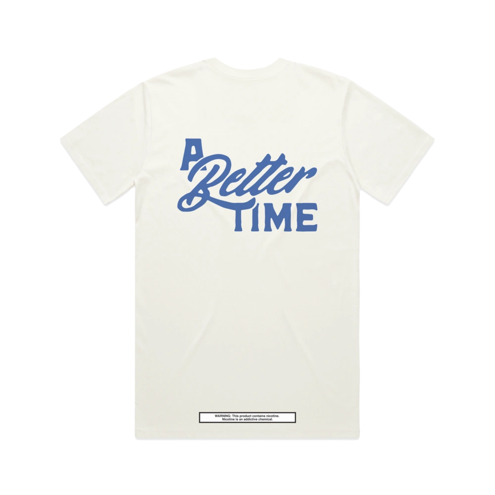 A Better Time white t-shirt from ALP nicotine pouches featuring a large blue text design on the back and a small warning label at the bottom.