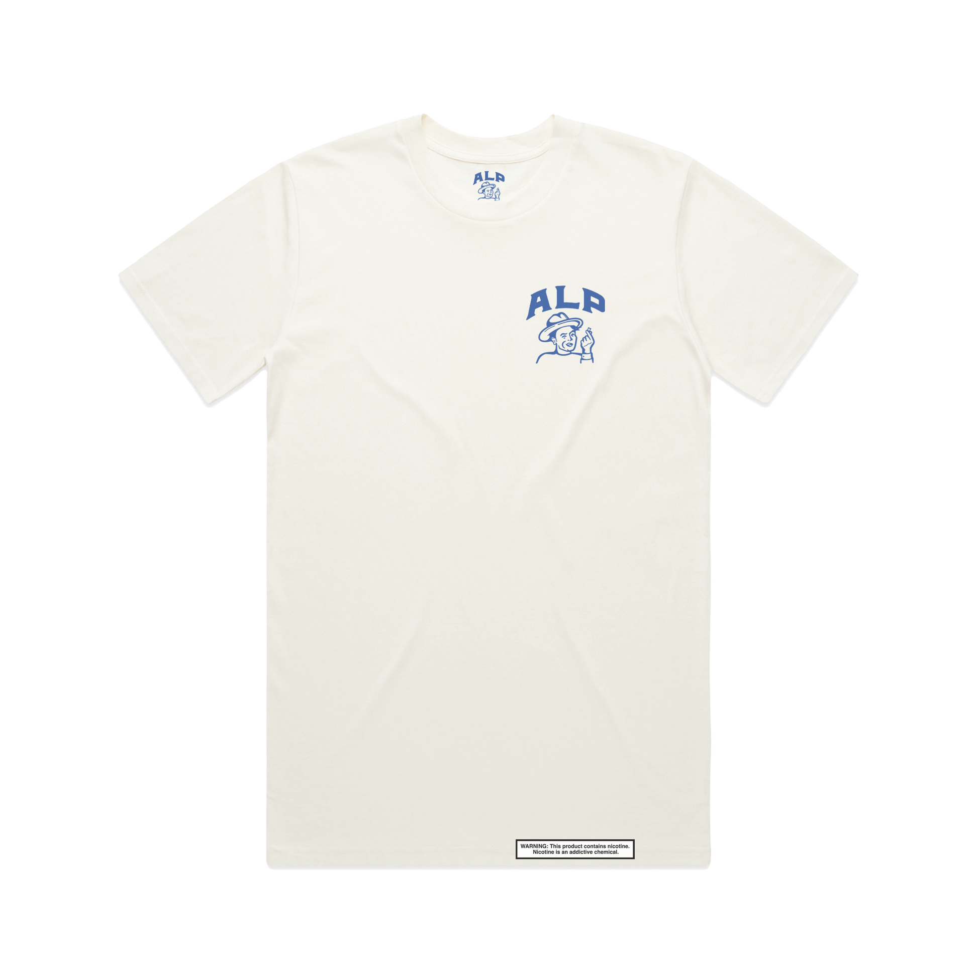 A Better Time white t-shirt from ALP nicotine pouches featuring a large blue text design on the back and a small warning label at the bottom.