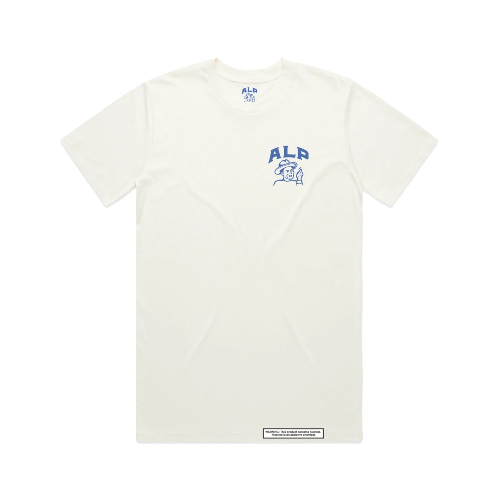 A Better Time white t-shirt from ALP nicotine pouches featuring a large blue text design on the back and a small warning label at the bottom.